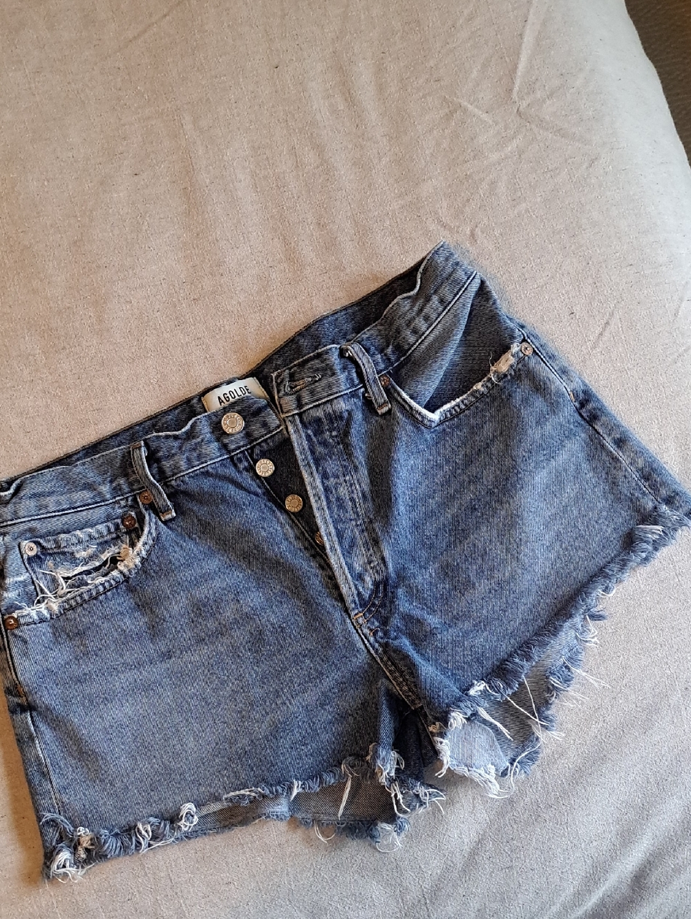 Agolde Blue Distressed High-Rise Denim Shorts